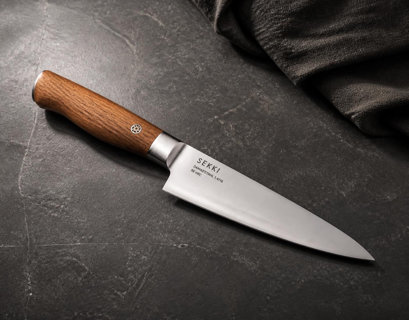Symbolbild: kompaktes Küchenmesser mit Holzgriff auf Arbeitsfläche