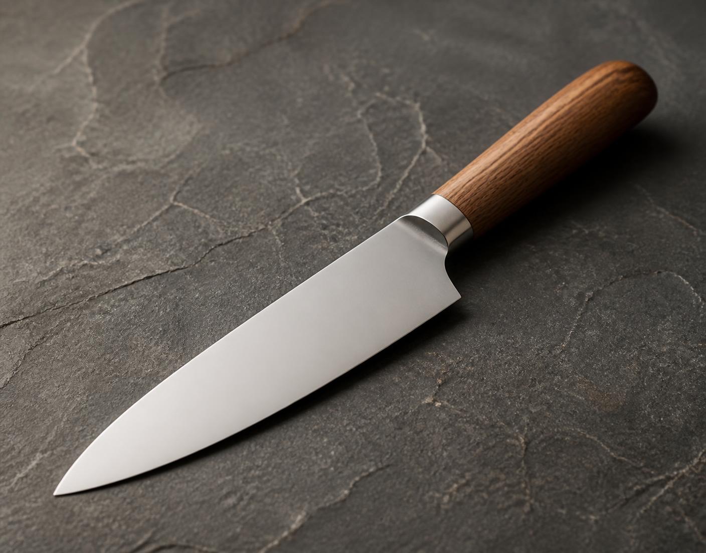 Kompaktes Küchenmesser mit Buchenholzgriff auf dunkler Steinfläche